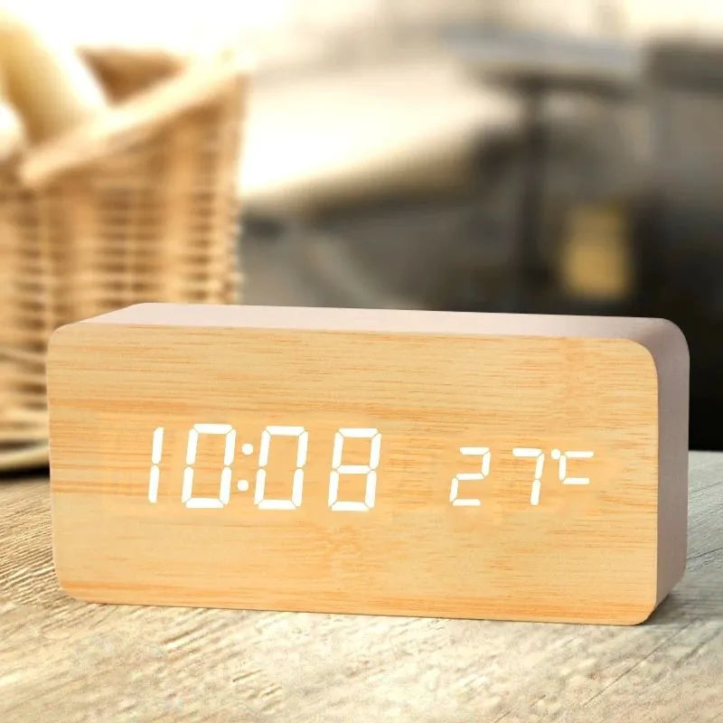 Wooden Digital Alarm Clock, LED Alarm Clock with Temperature Desk Clocks for Office,Bedside Clock