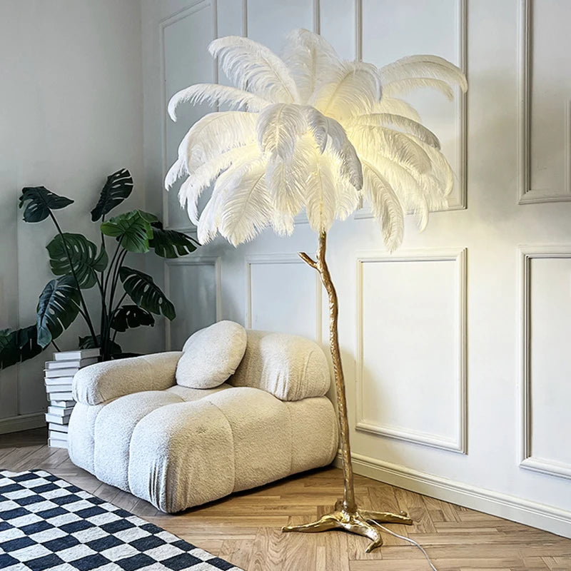 Decoration Ostrich Feather Floor Lamp  Resin Copper Living Room Home Decoration Indoor LED Stand Light Luxury Study Bedside Lamp