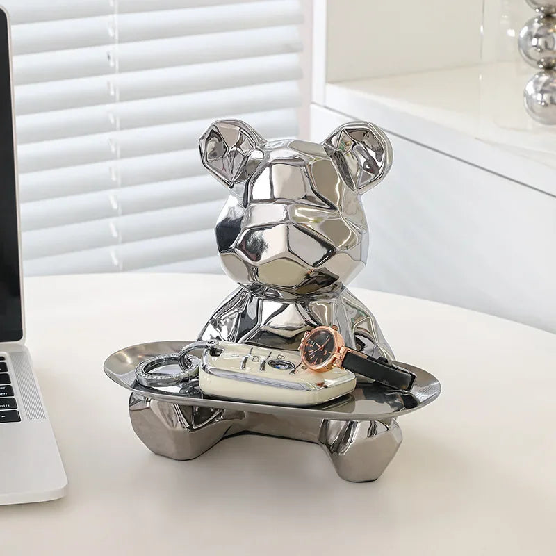 Geometric bear  statue with piggy bank and tray