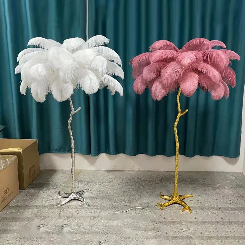 Decoration Ostrich Feather Floor Lamp  Resin Copper Living Room Home Decoration Indoor LED Stand Light Luxury Study Bedside Lamp