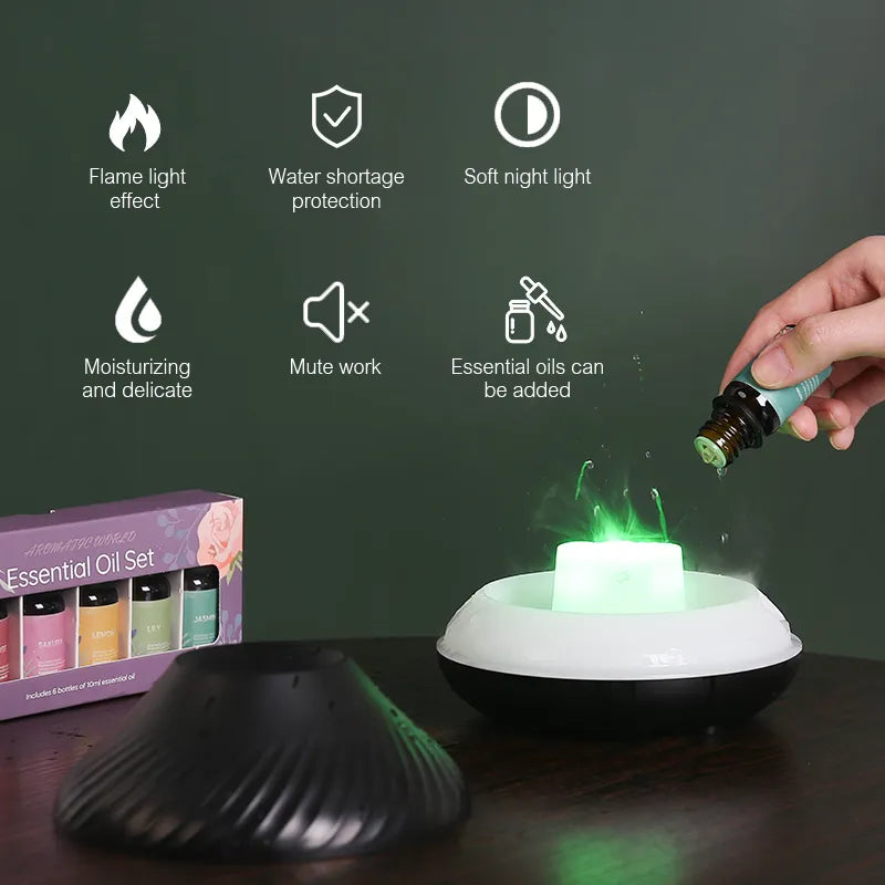 Kinscoter Volcanic Aroma Diffuser Essential Oil Lamp 130ml USB Portable Air Humidifier with Color Flame Night Light