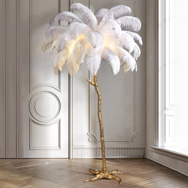 Decoration Ostrich Feather Floor Lamp  Resin Copper Living Room Home Decoration Indoor LED Stand Light Luxury Study Bedside Lamp