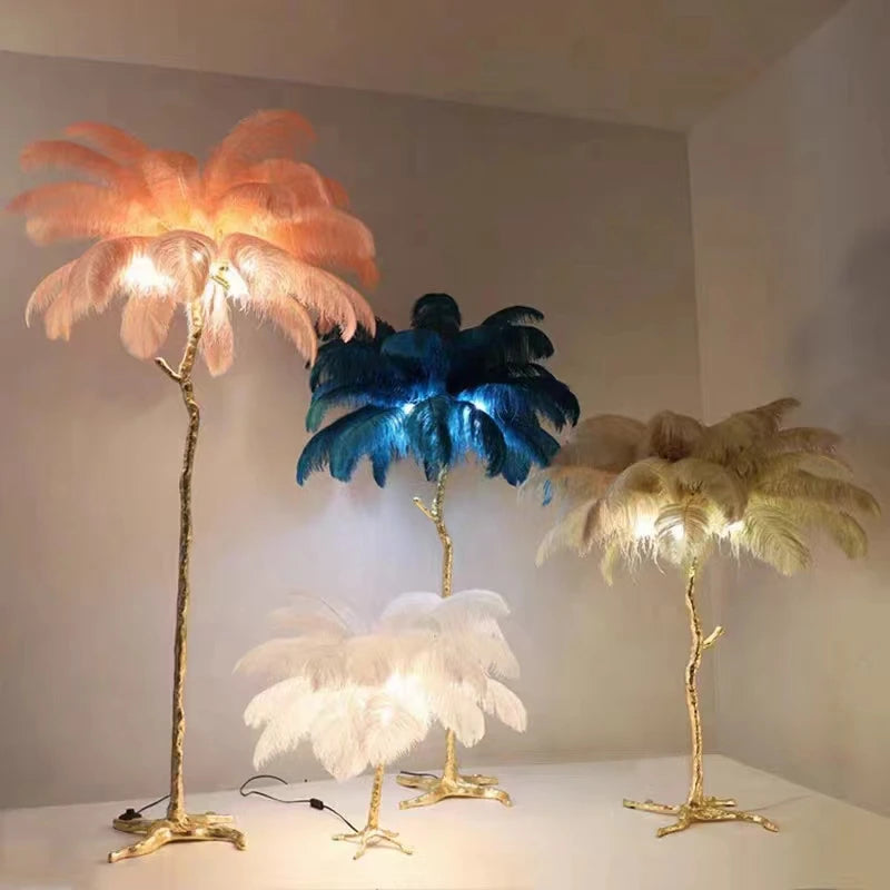 Decoration Ostrich Feather Floor Lamp  Resin Copper Living Room Home Decoration Indoor LED Stand Light Luxury Study Bedside Lamp